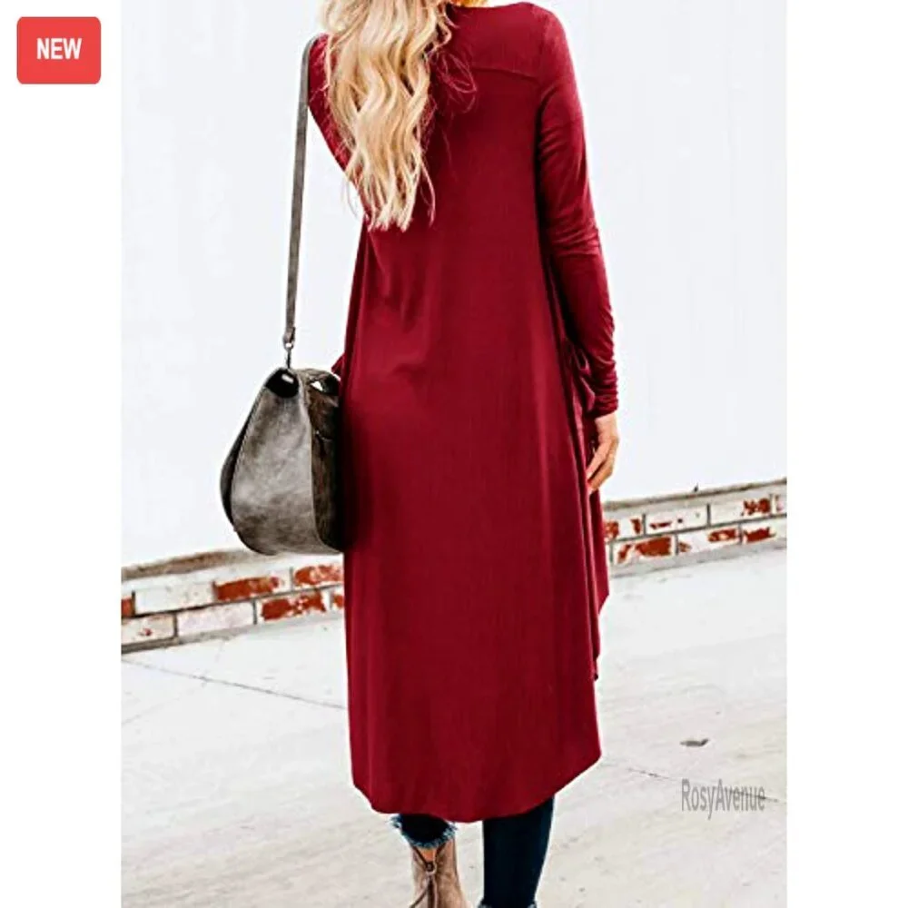 Long Button Down Cardigan with Pockets, Stretchy Knit Fabric, Lightweight - Picture 3 of 6